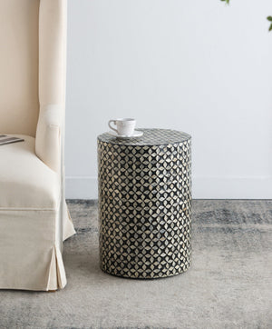 D14x20' Black Round Accent Capiz Stool, Garden Side Table