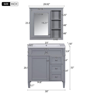 Bathroom Vanity With Top Sink, 2 Doors And 3 Drawers, Freestanding Set With Mirror Cabinet