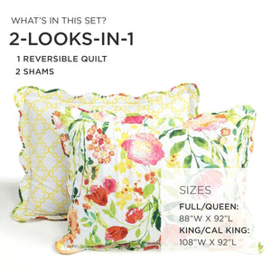 Leilani Watercolor Scallop Edged Floral 3 Piece Quilt Set