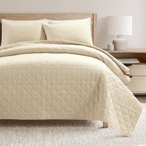 Haniya Solid Waffle Woven Cotton Textured Quilt Set