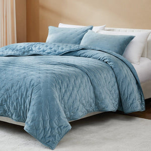 Haven Velvet Embroidered Stitch Cozy Super Soft Quilt 3 Piece Set