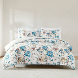 Bird And Hydrangea Reversible Cotton Duvet Cover Set