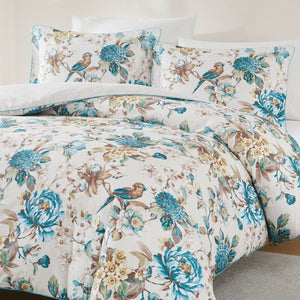 Bird And Hydrangea Reversible Cotton Duvet Cover Set