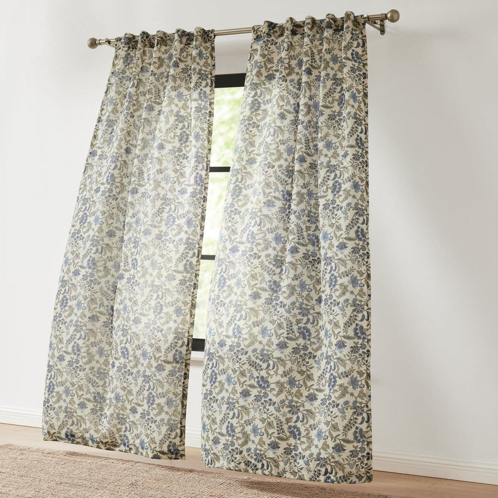 Lillian Block Print Linen Textured Window Curtain Panels