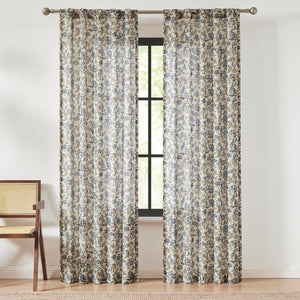 Lillian Block Print Linen Textured Window Curtain Panels