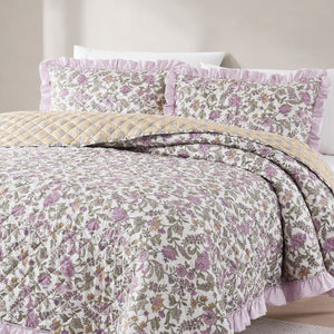 Lola Block Print Ruffle Reversible Floral Quilt Set