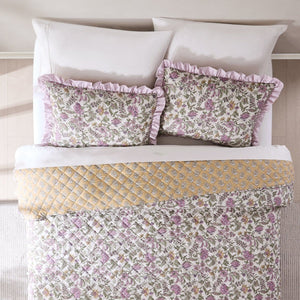 Lola Block Print Ruffle Reversible Floral Quilt Set