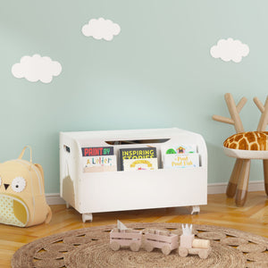 Toy Box With 4 Universal Wheels, Kids Playroom Storage Organizer With Front Bookshelf, Flip Top Lid, Safety Hinge - White