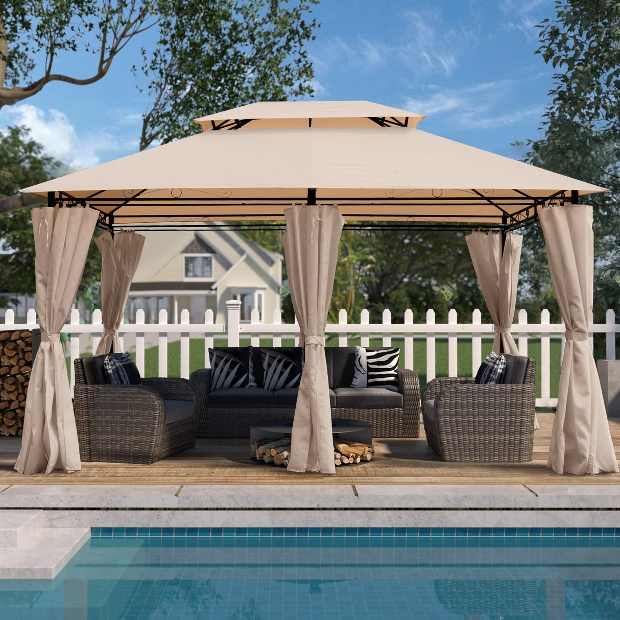 Khaki Outdoor Patio Gazebo Canopy Tent with Ventilated Double Roof and Mosquito Net, 13x10 Ft