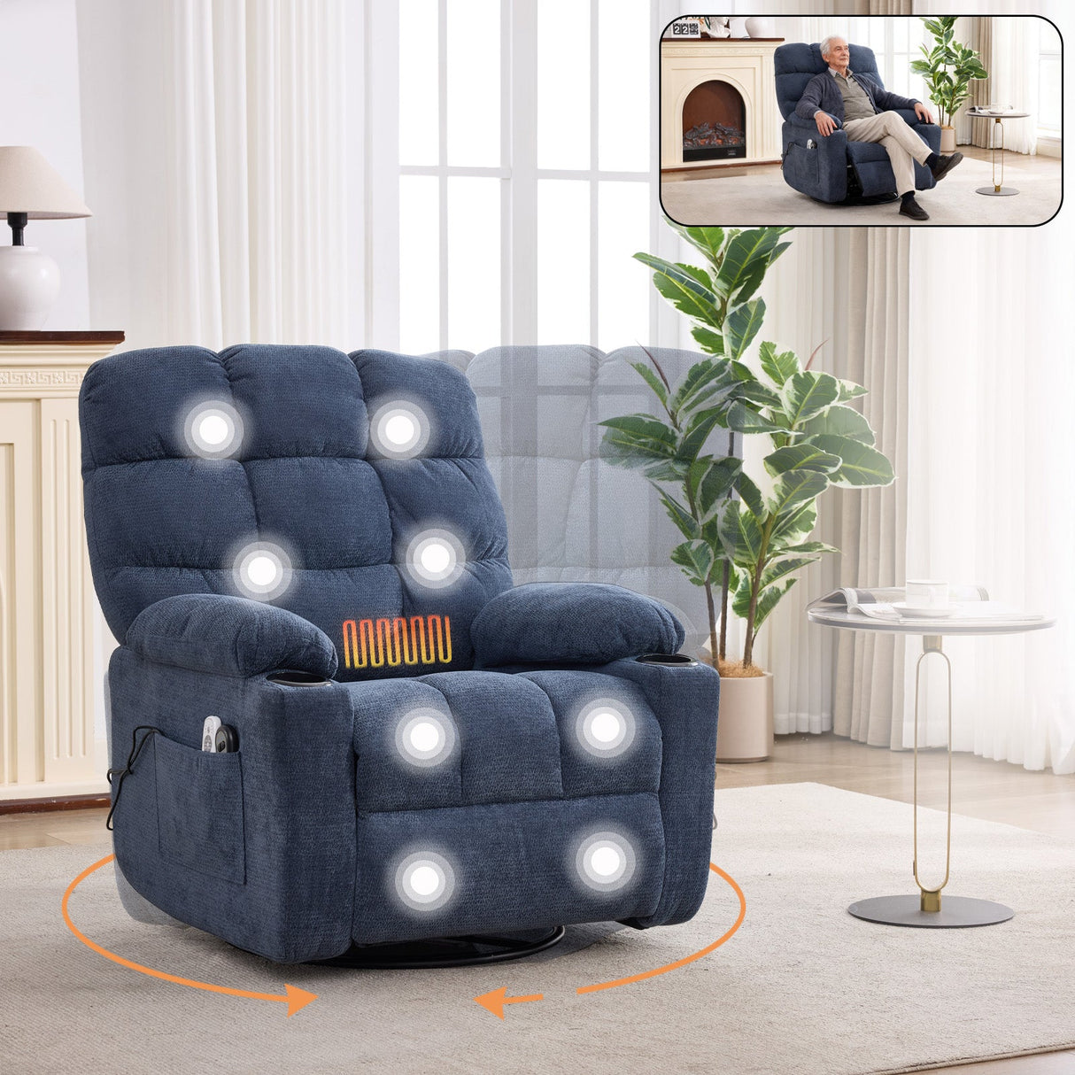 Heat Massage Electric Recliner Chair with Rocker and Swivel in Fabric
