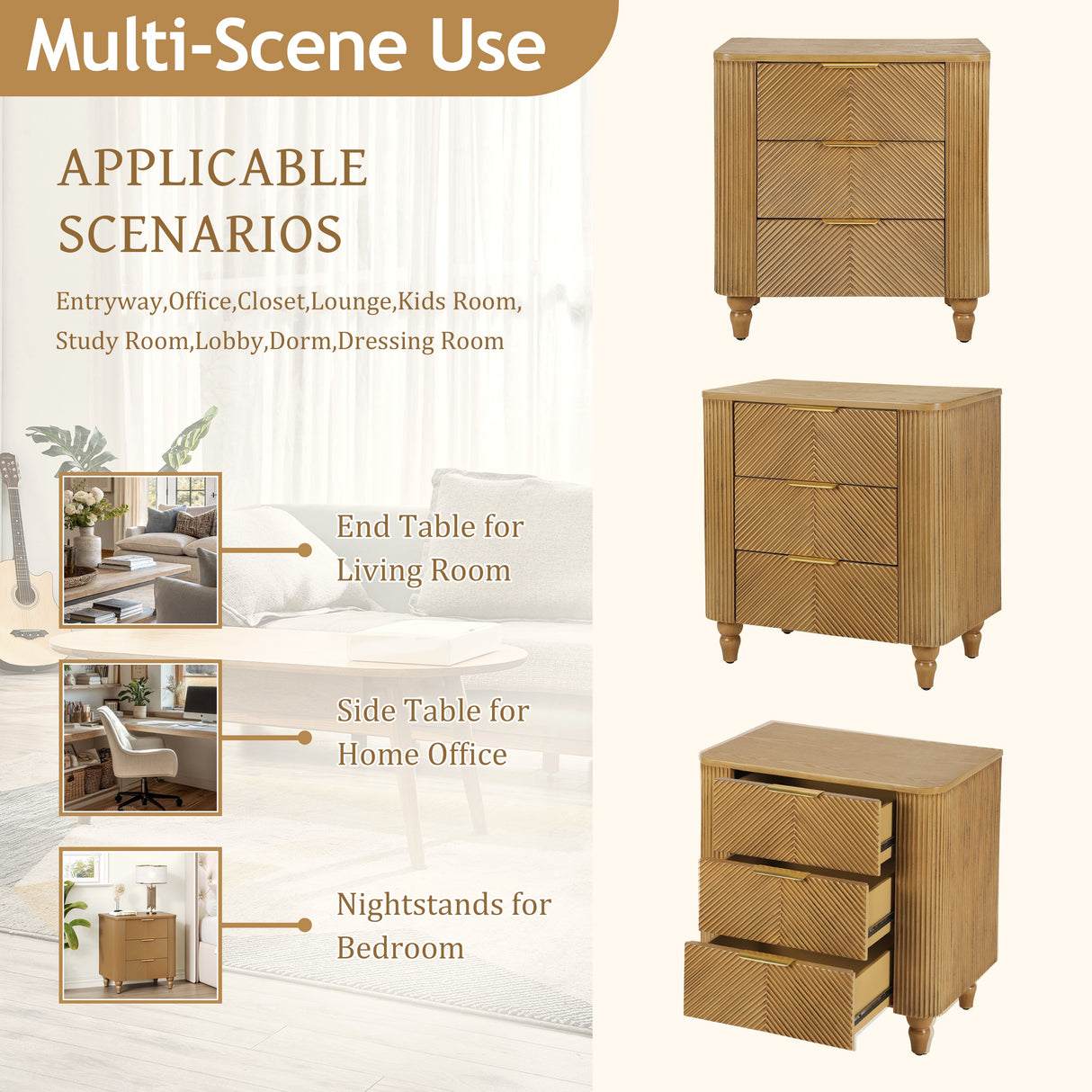 Mid-Century Fluted 3 Drawers Nightstand, Bedside Table with Curved Profile Design and Wide
