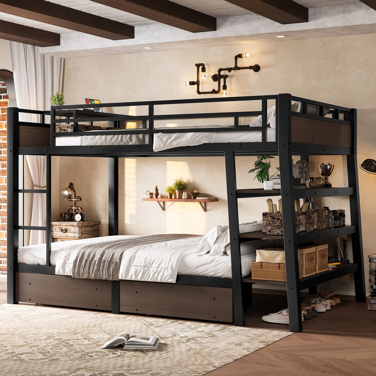 Full Size Metal Bunk Bed with Storage Shelves and USB Power Strip