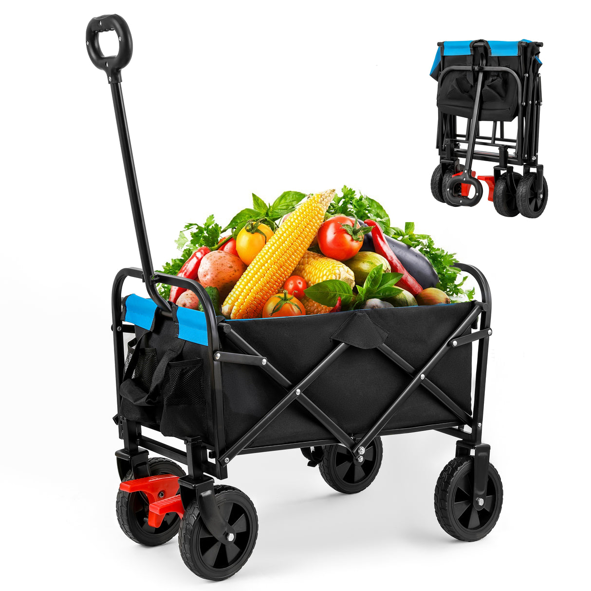 Mini folding wagon garden shopping beach cart (black+blue+brake)