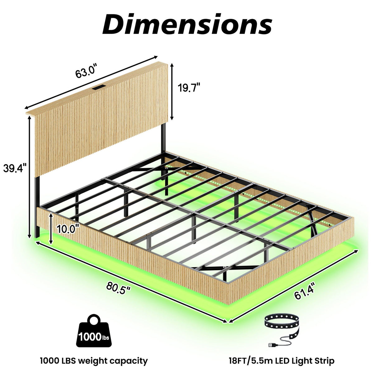 Floating Bedstead With Charging Station And LED Lights