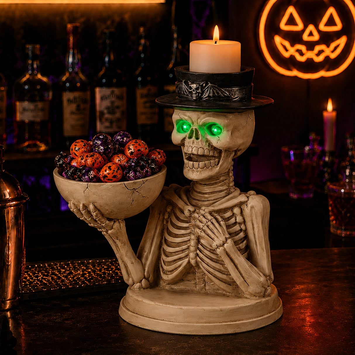 Halloween Skeleton Figurine with Storage Bowl & Candle Holder