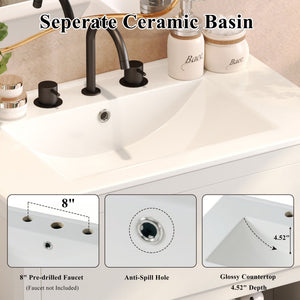 Freestanding Bathroom Vanity With Ceramic Sink, 2 Full Extension Drawers
