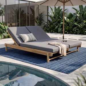 Light Teak Acacia Wood Double Chaise Lounger Set