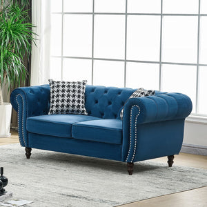 Chesterfield Fabric Sofa With Roll Armrest And Nailhead, Mid Century 2 Seater Couch In