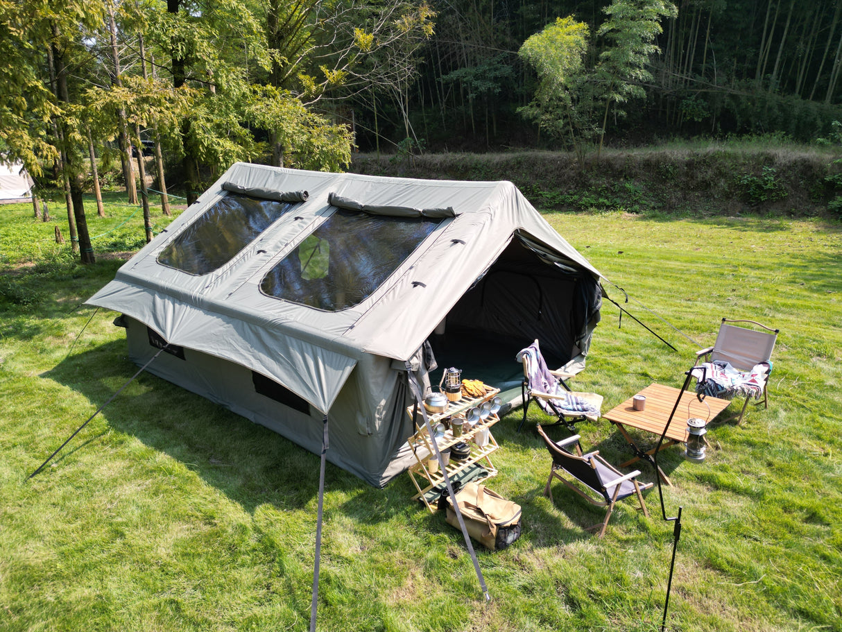 9.8 x13ft  Inflatable Camping Tents with Hand Pump, Air Glamping Tents, Easy Setup Waterproof and Windproof Blow up Tent, 4 Seasons Oxford Cabin Tent with Mesh & Chimney Window. Army green