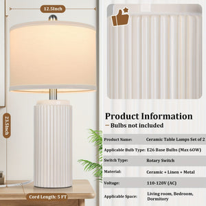 Farmhouse Table Lamps Set of 2 – Ceramic Base Bedside Lamps for Bedroom & Living