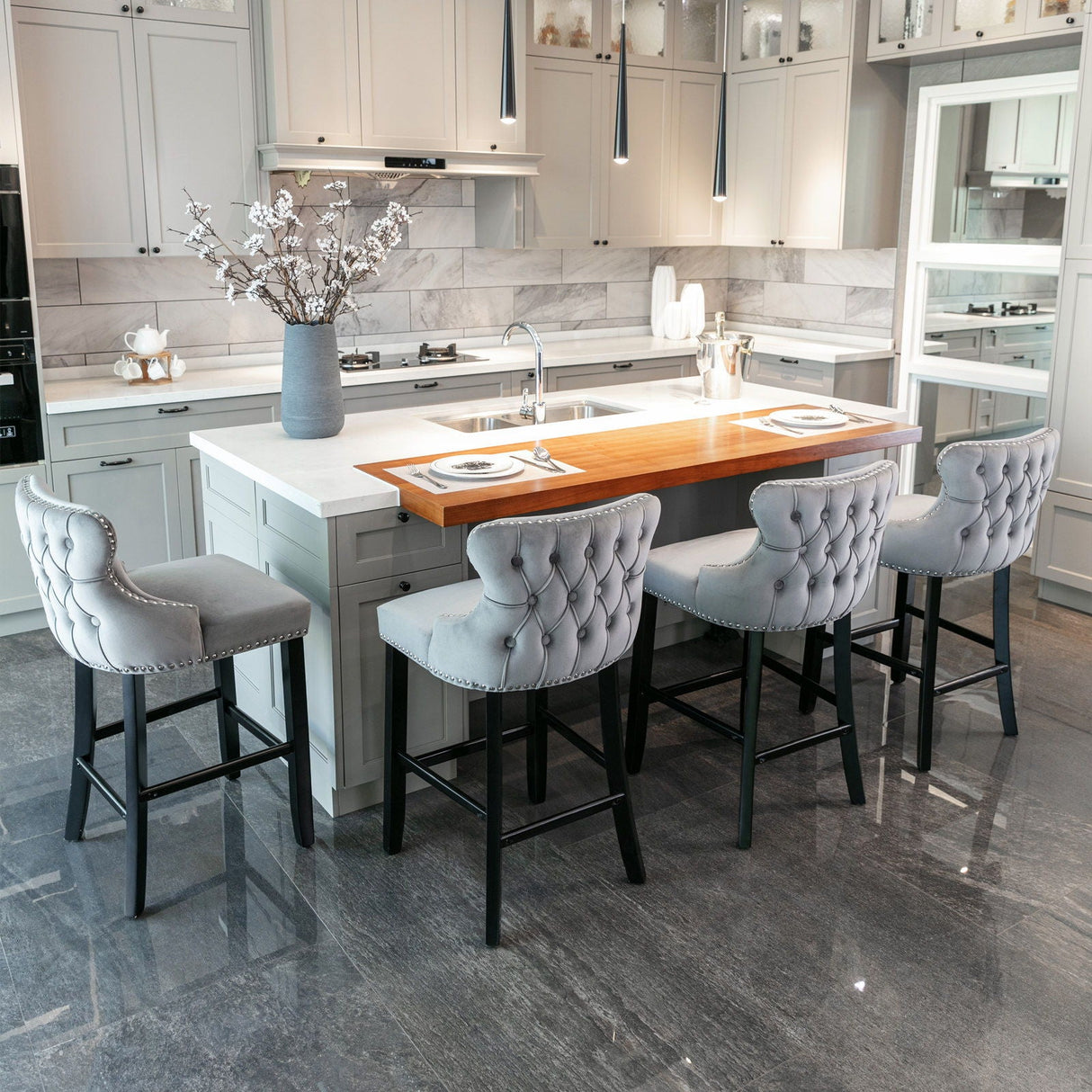 Contemporary Upholstered Wing-Back Barstools With Button Tufted Decoration And Wooden Legs, And Nailhead Trim, Leisure Style Bar Chairs, Bar Stools (Set of 2)