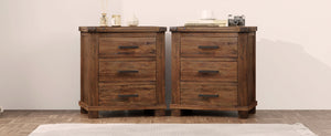 Rustic Three Drawer Reclaimed Solid Wood Farmhouse Nightstand Set of Two