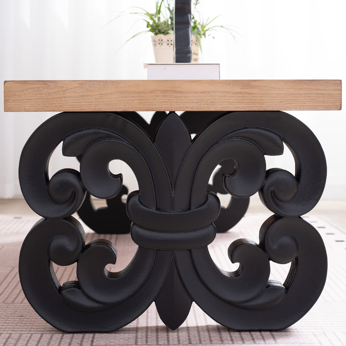 Black Scroll Base Coffee Table – 47' Rectangular Wood Living Room Table with Natural Top – Modern Farmhouse Accent Table – Elegant Centerpiece with Ornate Carved Design