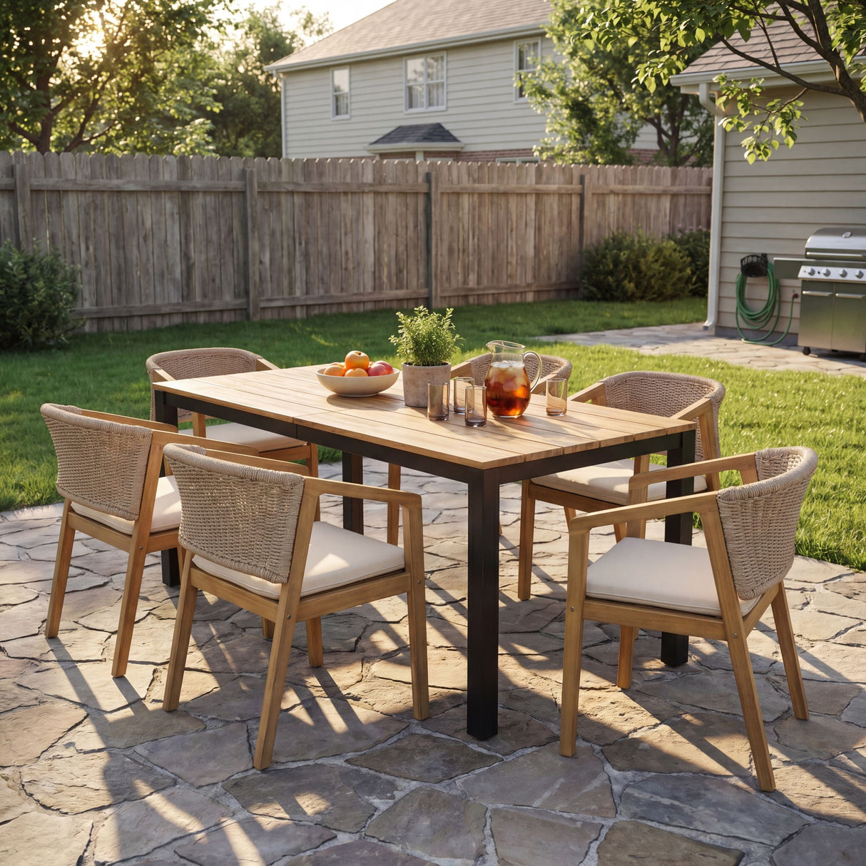 7-Piece Outdoor Dining Set, Acacia Wood Table & 6 Acacia Wood Rope Chairs