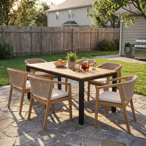 7-Piece Outdoor Dining Set, Acacia Wood Table & 6 Acacia Wood Rope Chairs