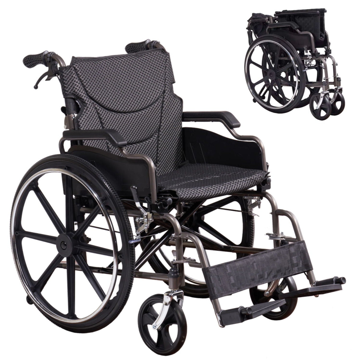 Lightweight Foldable Manual Wheelchair with Double Brakes - Black or Pearl Silver