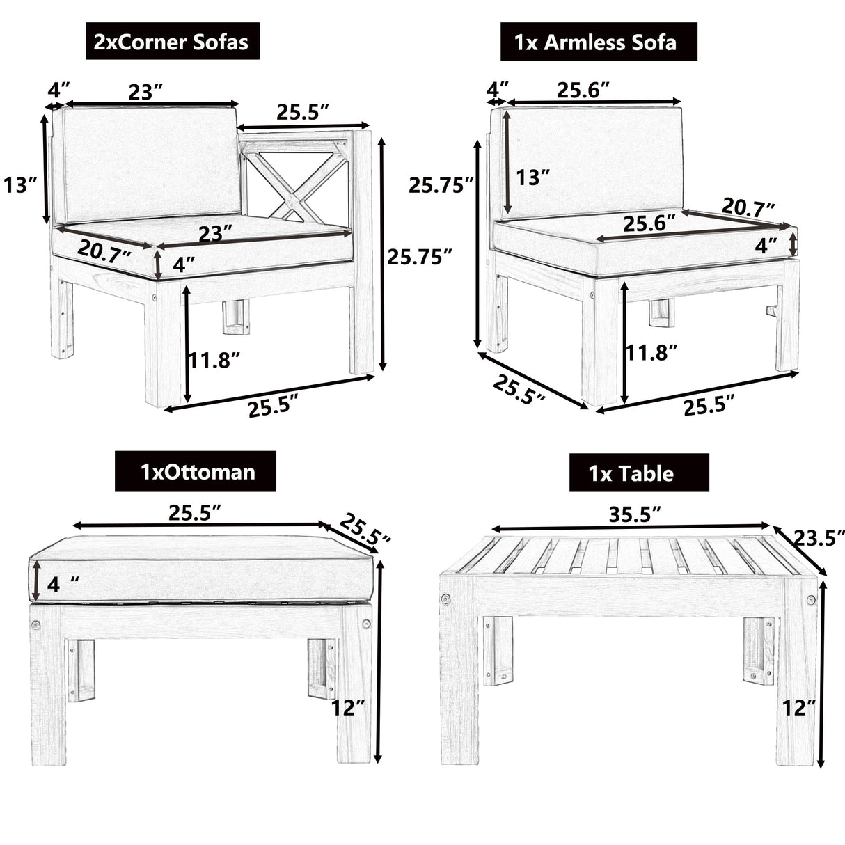 TOPMAX Outdoor 5-Piece Wood Sectional Patio Sofa Set with Blue Cushions
