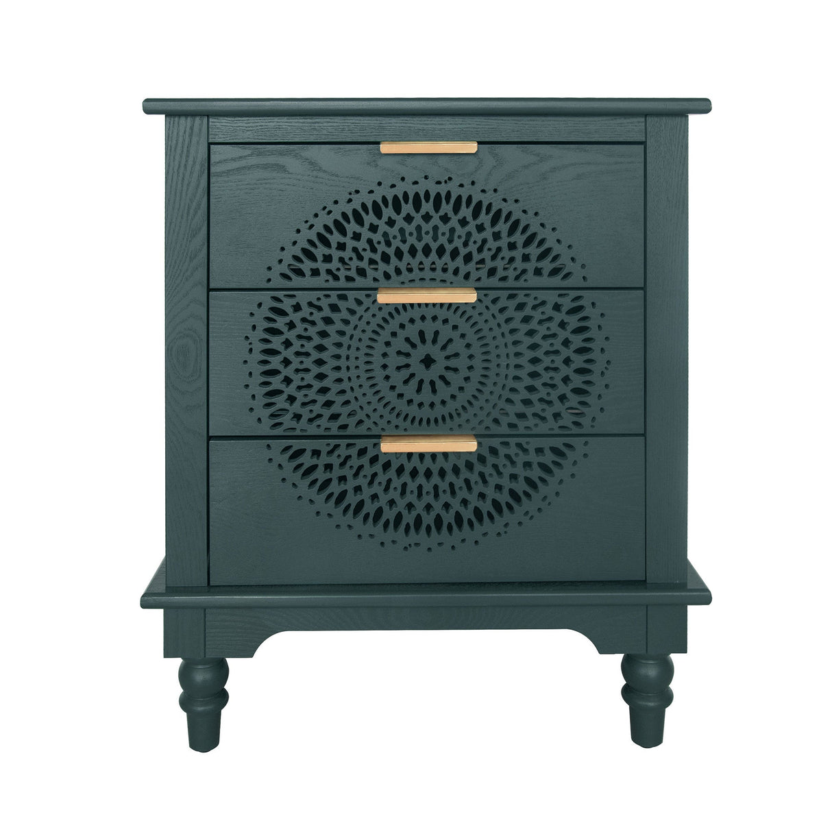 Blackish Green Hollow-Carved 3-Drawer Dresser with Metal Handles