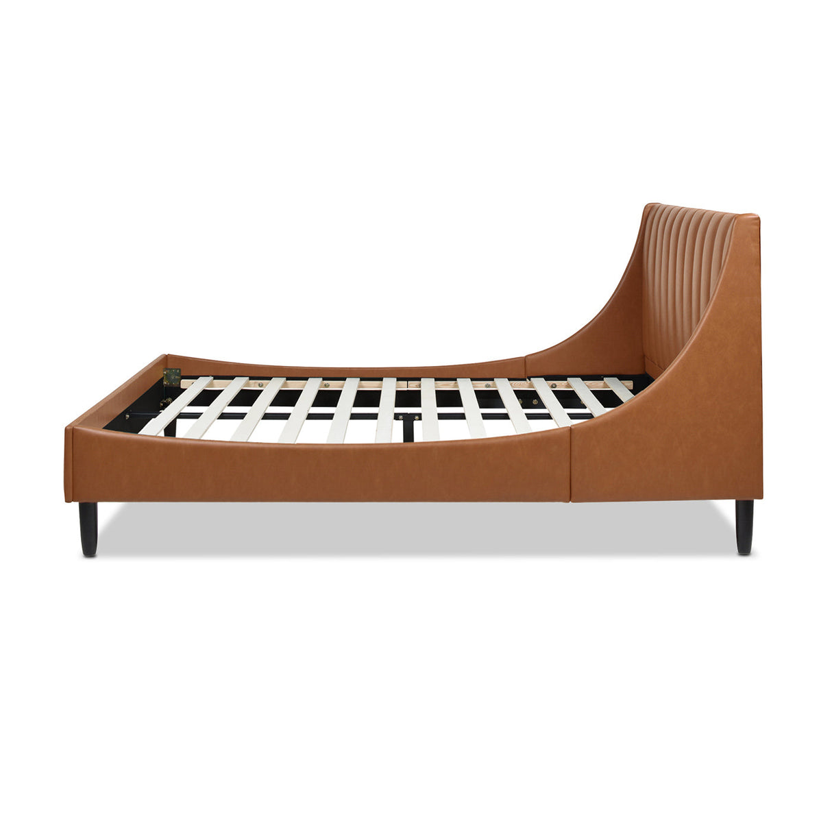 Aspen Vertical Tufted Modern Headboard Platform Bed Set, Queen, Caramel Tan Brown Faux Leather