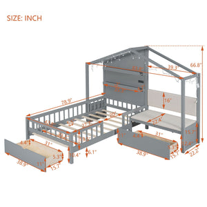House Bed With Upholstered Sofa, Wireless Charging Station, Shelves And 2 Drawers