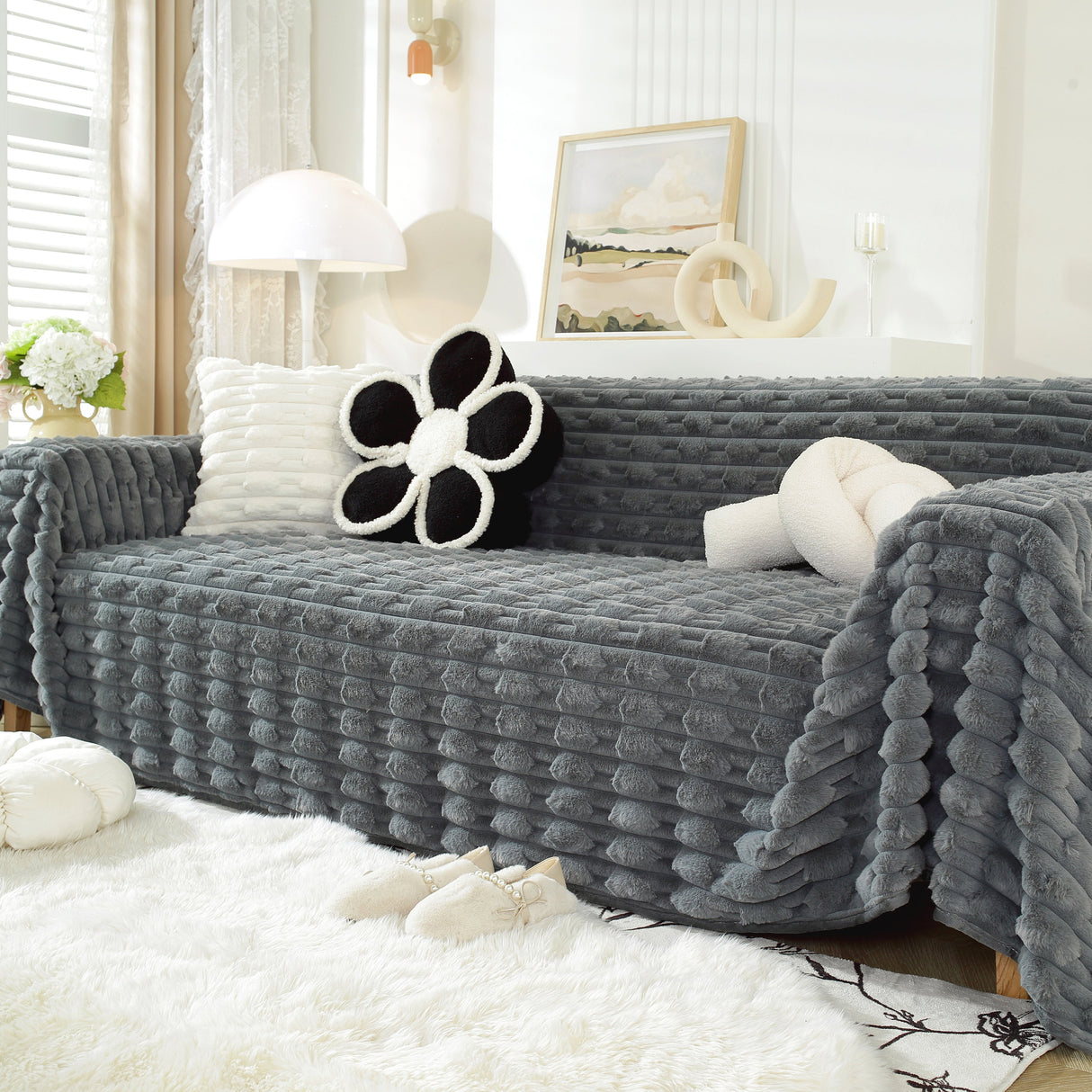 Fluffy Faux Fur Couch Cover Plush Sofa Throw, Warm & Stylish Sofa Protector