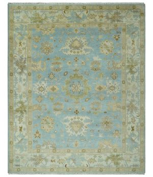 Light Blue, Beige and Ivory Hand knotted 8x10 Traditional Oriental Oushak wool rug