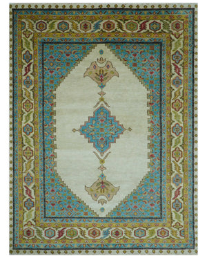 Custom Made Traditional Serapi Design Ivory And Blue Hand Knotted Wool Rug