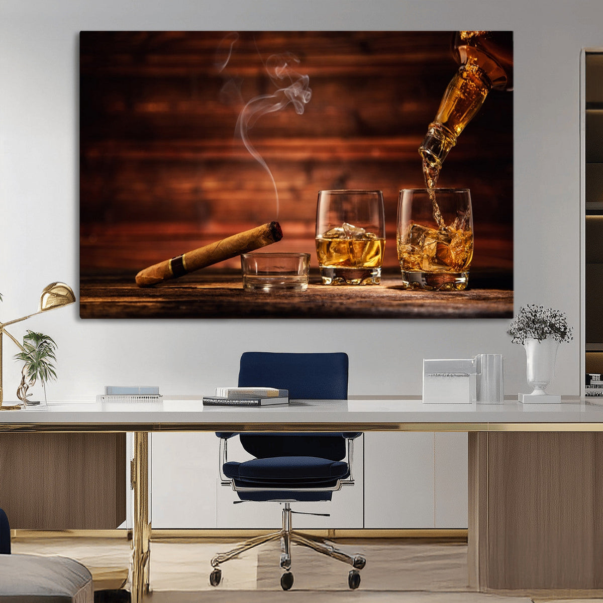 Whiskey and Cigar Wall Art Canvas | 3 Panel Bar Room Decor