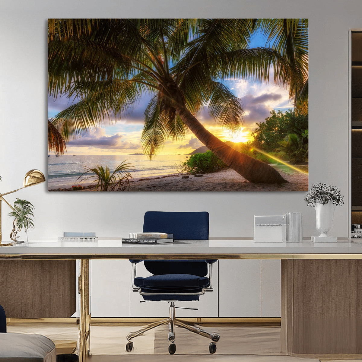 Tropical Island Sunset on the Beach Palms Wall Art Canvas