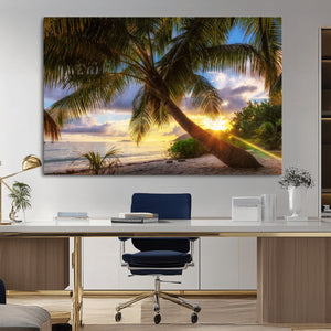 Tropical Island Sunset on the Beach Palms Wall Art Canvas