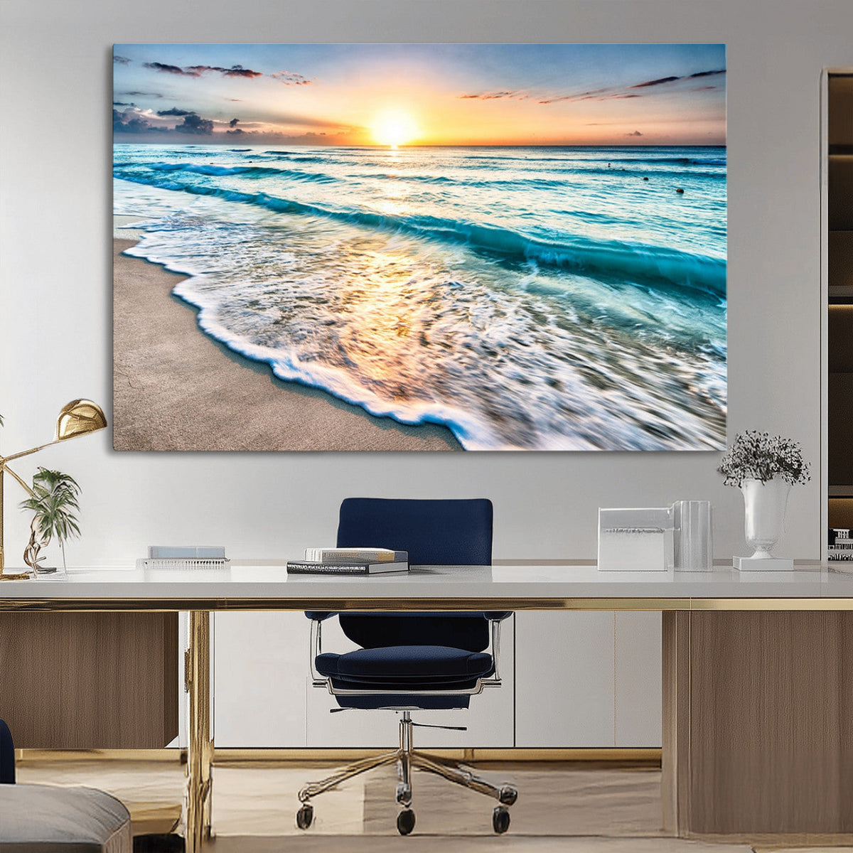 Sunset Beach Waves Canvas Wall Art – 5-Panel Ocean Sunset
