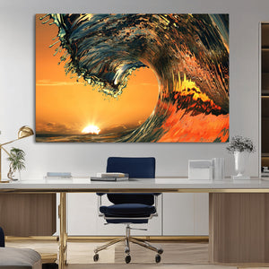 Surf Wave Sunset Canvas Wall Art Print, 3-Panel Ocean