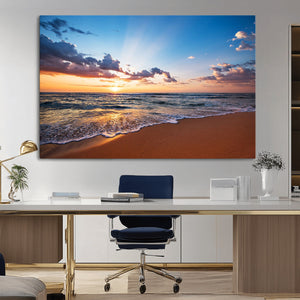 Serene Ocean Sunset Canvas Print, Golden Hour Beach Wall