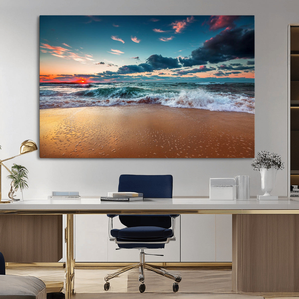 Sunset Ocean Beach Wall Art – Giclee Canvas Print, Coastal