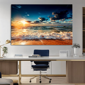 Golden Hour Sunset Over Ocean Waves Wall Art Canvas Print |