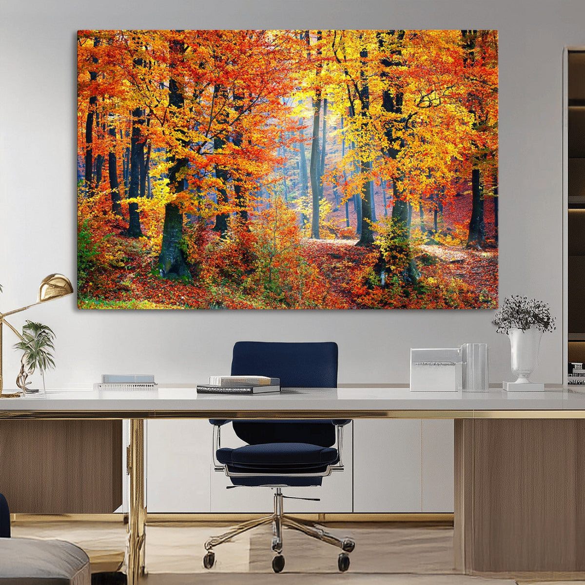 Autumn Red Forest Triptych Canvas Wall Art Print, Forest