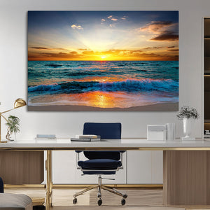 Vibrant Ocean Sunrise Over Golden Beach Waves, Giclee Canvas