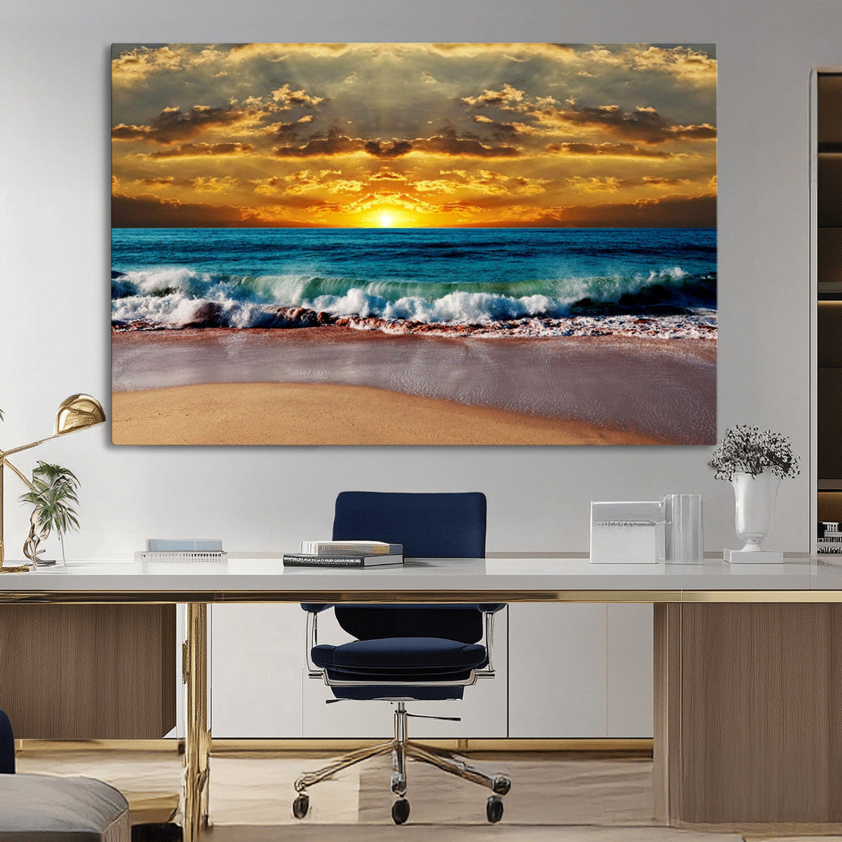 Ocean Sunrise Over Golden Beach Waves, Giclee Canvas Wall