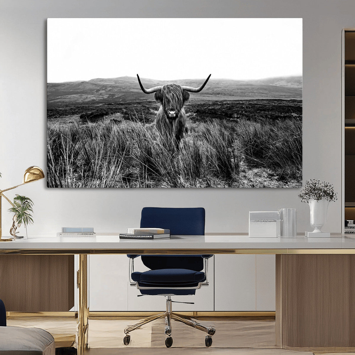 Black and White Highland Cow Canvas Wall Art, Longhorn