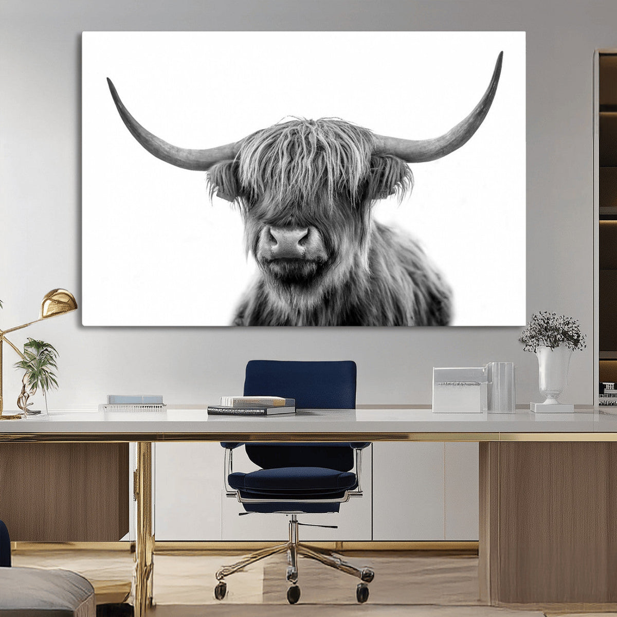 Grayscale Scottish Highland Cow Cattle Art Print Farmhouse